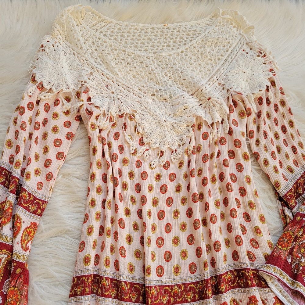 Tassels Lace Dress Cream Orange Paisley Boho Long Sleeve Crochet Peasant Neck S - Picture 2 of 10
